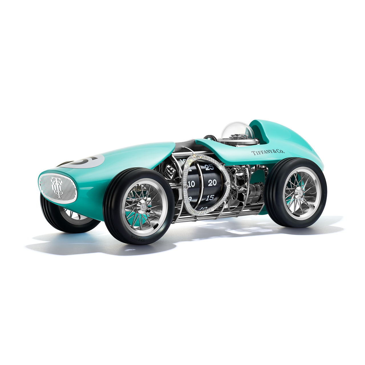 Race Car Clock in Aluminum with Tiffany Blue® and Pavé Diamonds