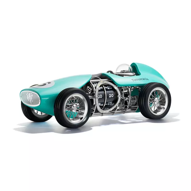 Time for Speed:Race Car Clock in Aluminum with Tiffany Blue® and Pavé Diamonds image number 0