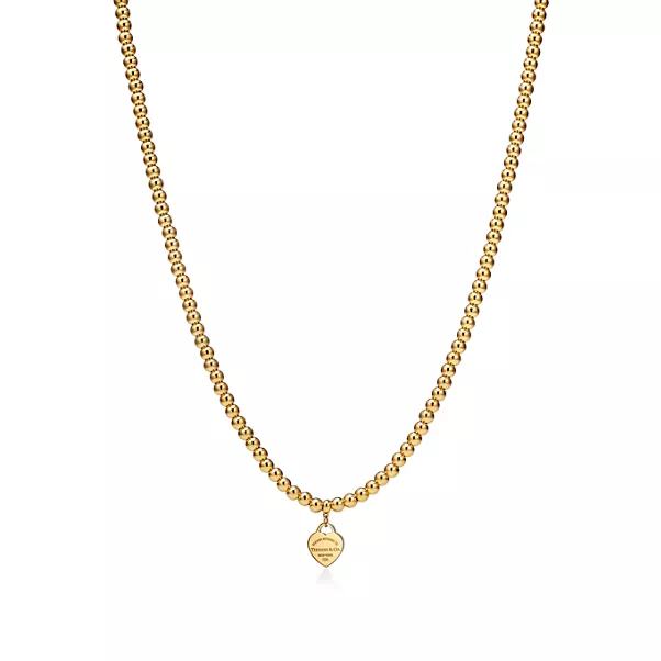 Heart Tag Bead Necklace in Yellow Gold, Mini