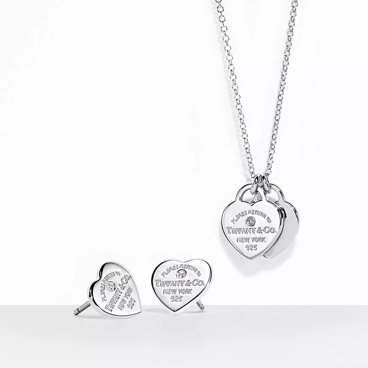 Heart Pendant and Earrings Set in Silver with Diamonds, Mini
