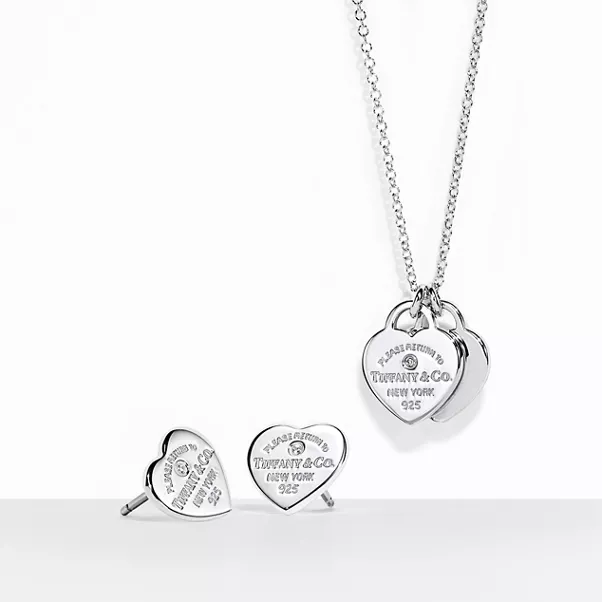 Herz-Anhänger und Ohrringe Set in Silber mit Diamanten, Mini.