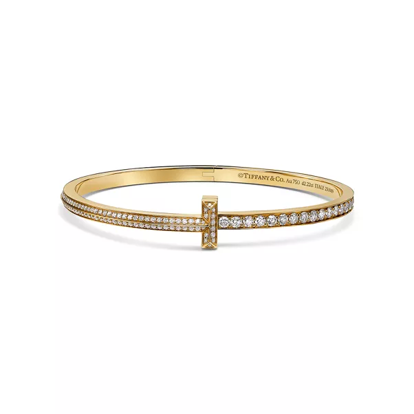 T One schmaler aufklappbarer Armreif mit Pavé-Diamanten in Gelbgold