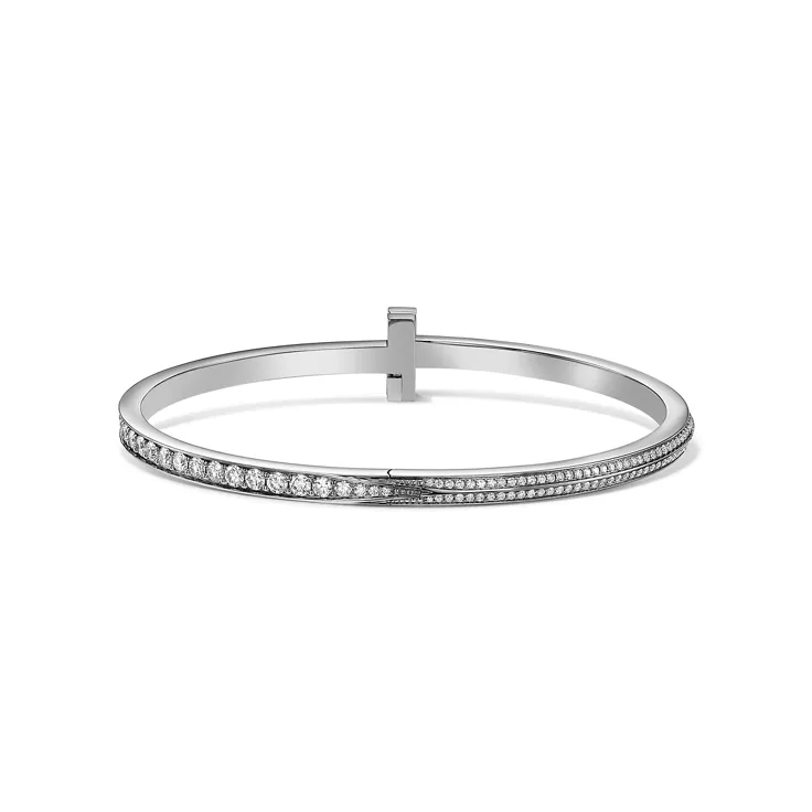 Tiffany T:T1 Narrow Pav&eacute; Diamond Hinged Bangle in White Gold, 4
