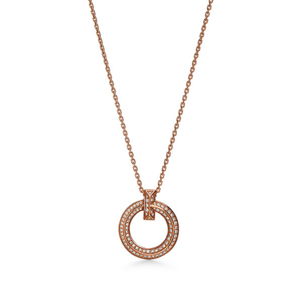 Tiffany T:T1 Narrow Circle Pendant in Rose Gold with Pavé Diamonds