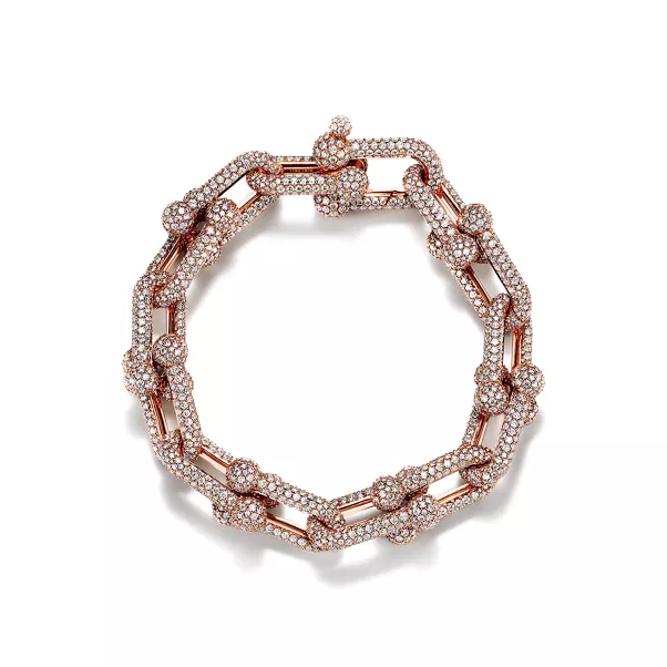 Gliederarmband, große Glieder in Roségold mit Pavé-Diamanten