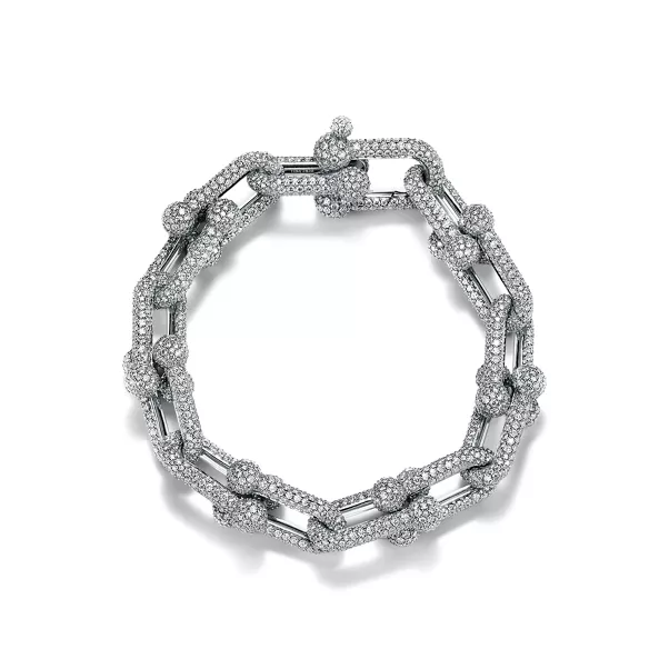 Gliederarmband, große Glieder in Weißgold mit Pavé-Diamanten