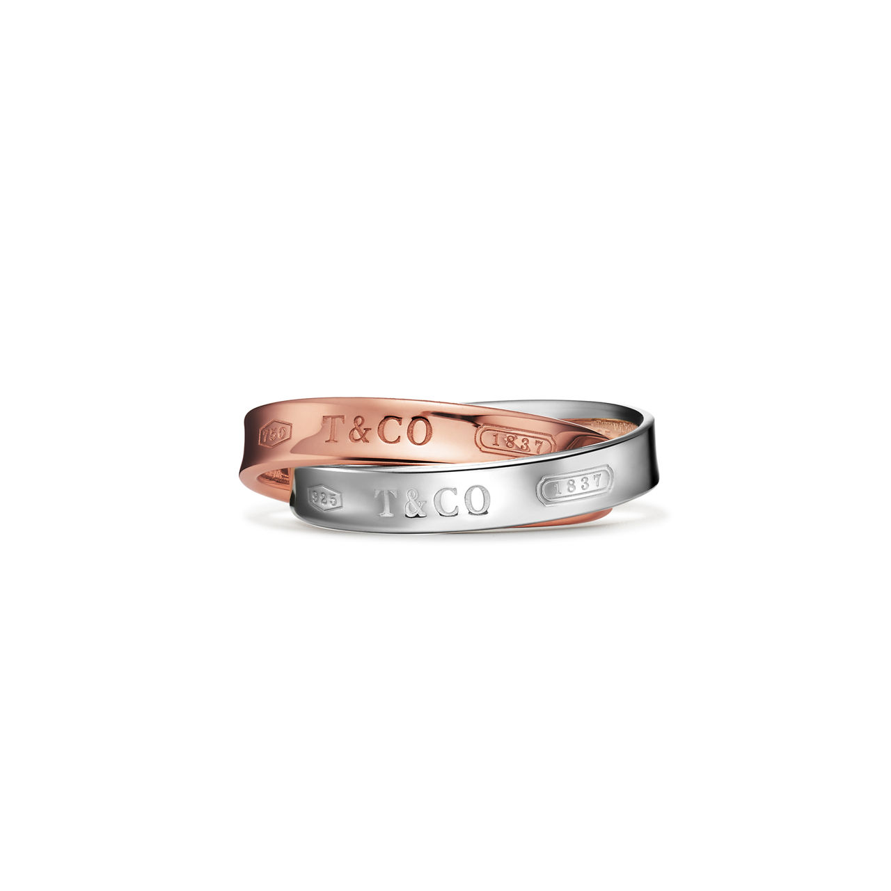 Anillo con círculos entrelazados en oro rosa y plata de ley