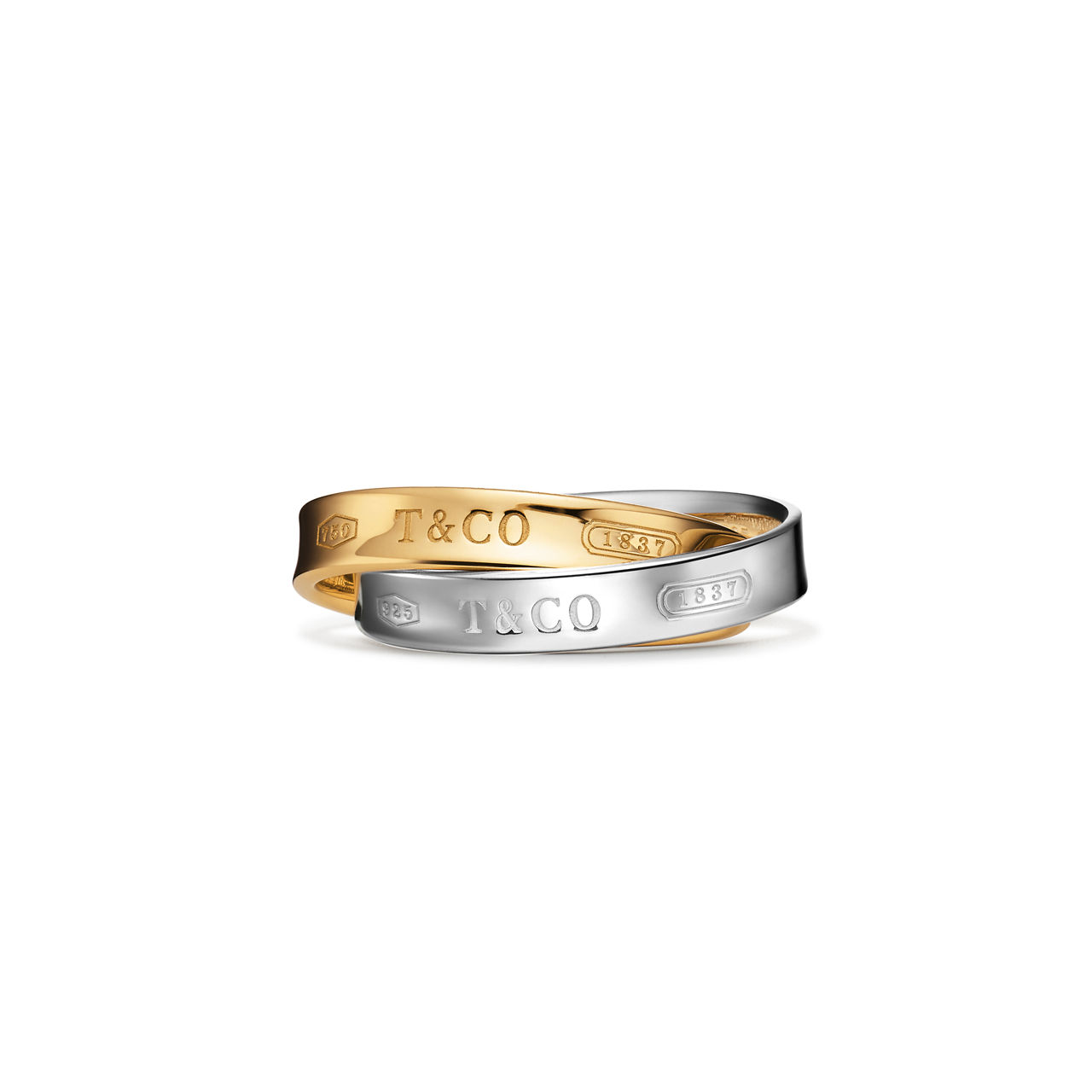 Anillo con círculos entrelazados en oro amarillo y plata de ley