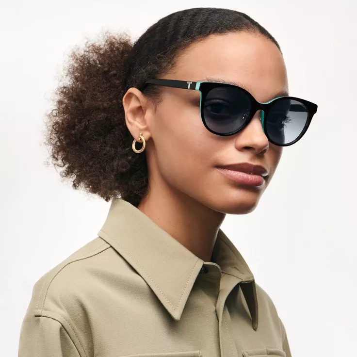 Tiffany T:Sunglasses in Black on Tiffany Blue&reg; Acetate with Dark Gray Lenses, 1