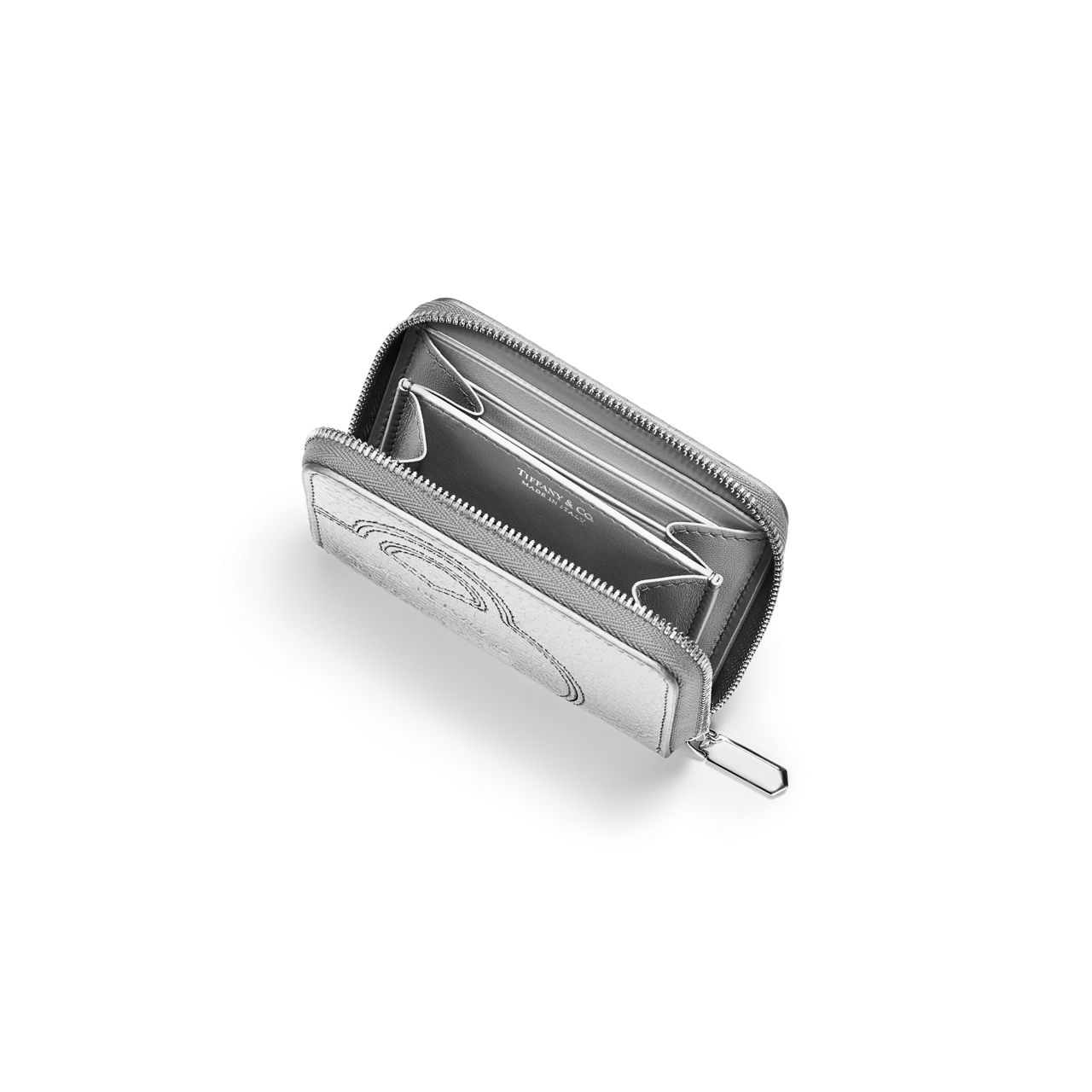 Portafoglio con zip piccolo in pelle argentata