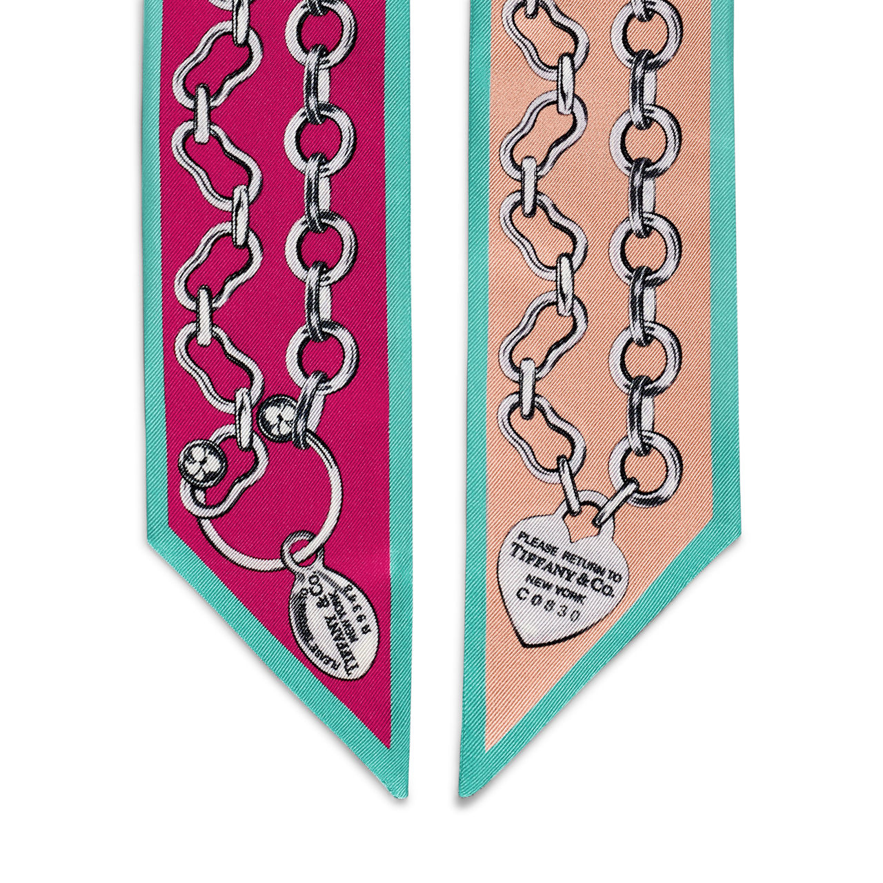 Pañuelo tipo lazo con estampado de cadenas de seda color fucsia y melocotón