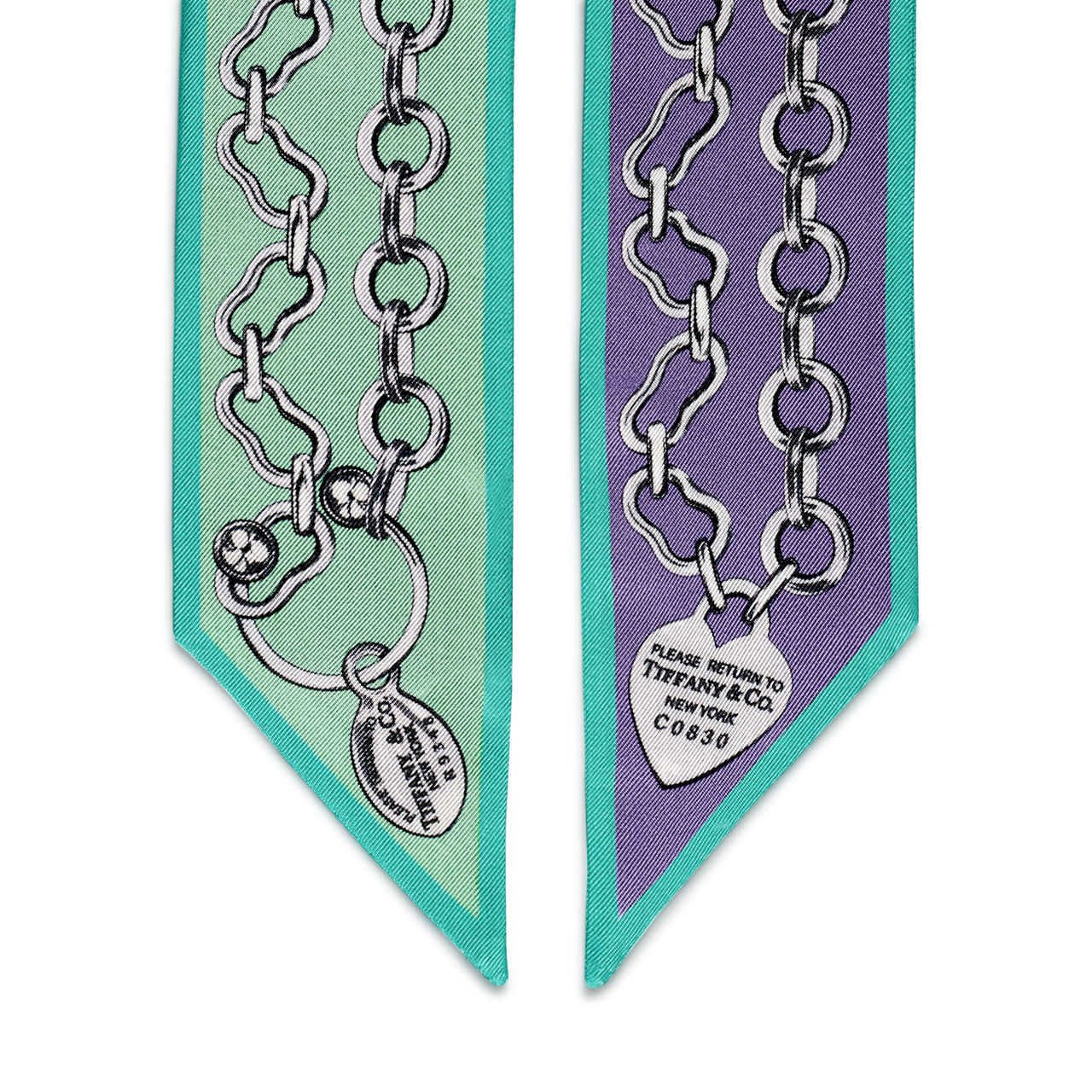 Pañuelo tipo lazo con estampado de cadenas de seda color jade y lavanda