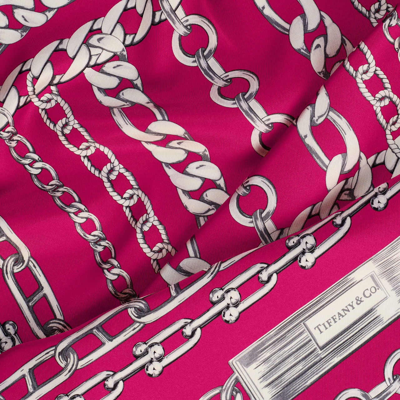 Pañuelo cuadrado con estampado de cadenas de seda de color fucsia