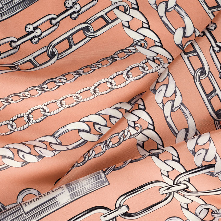 Return to Tiffany™:Pañuelo cuadrado con estampado de cadenas de seda color melocotón imagen número 1