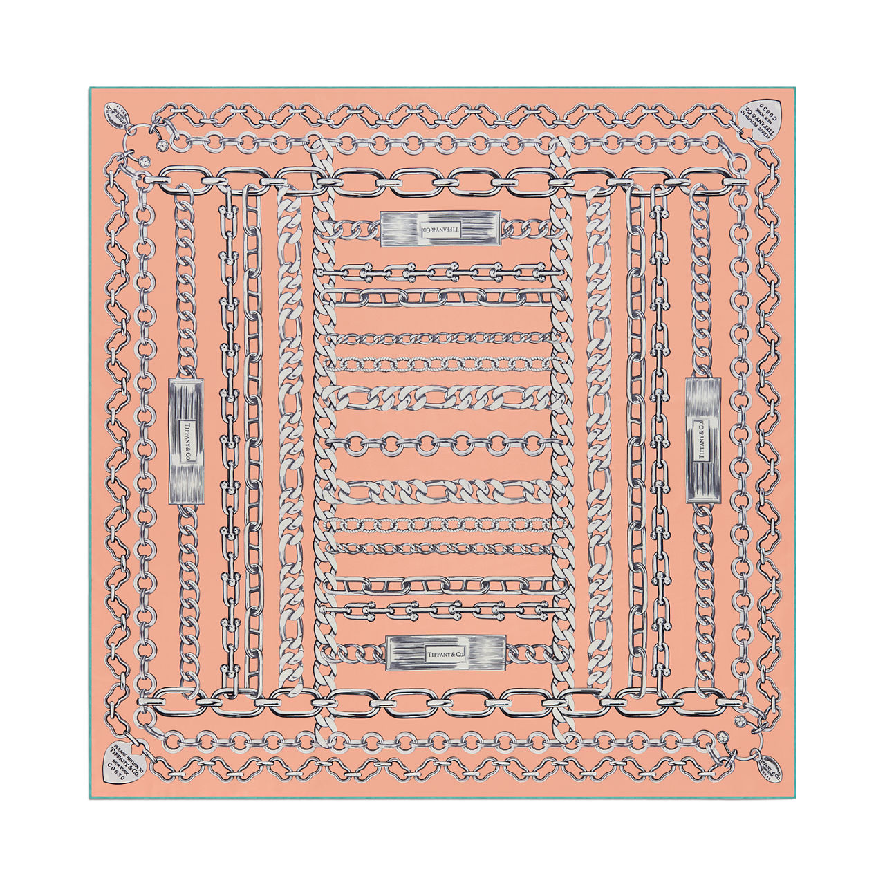 Pañuelo cuadrado con estampado de cadenas de seda color melocotón
