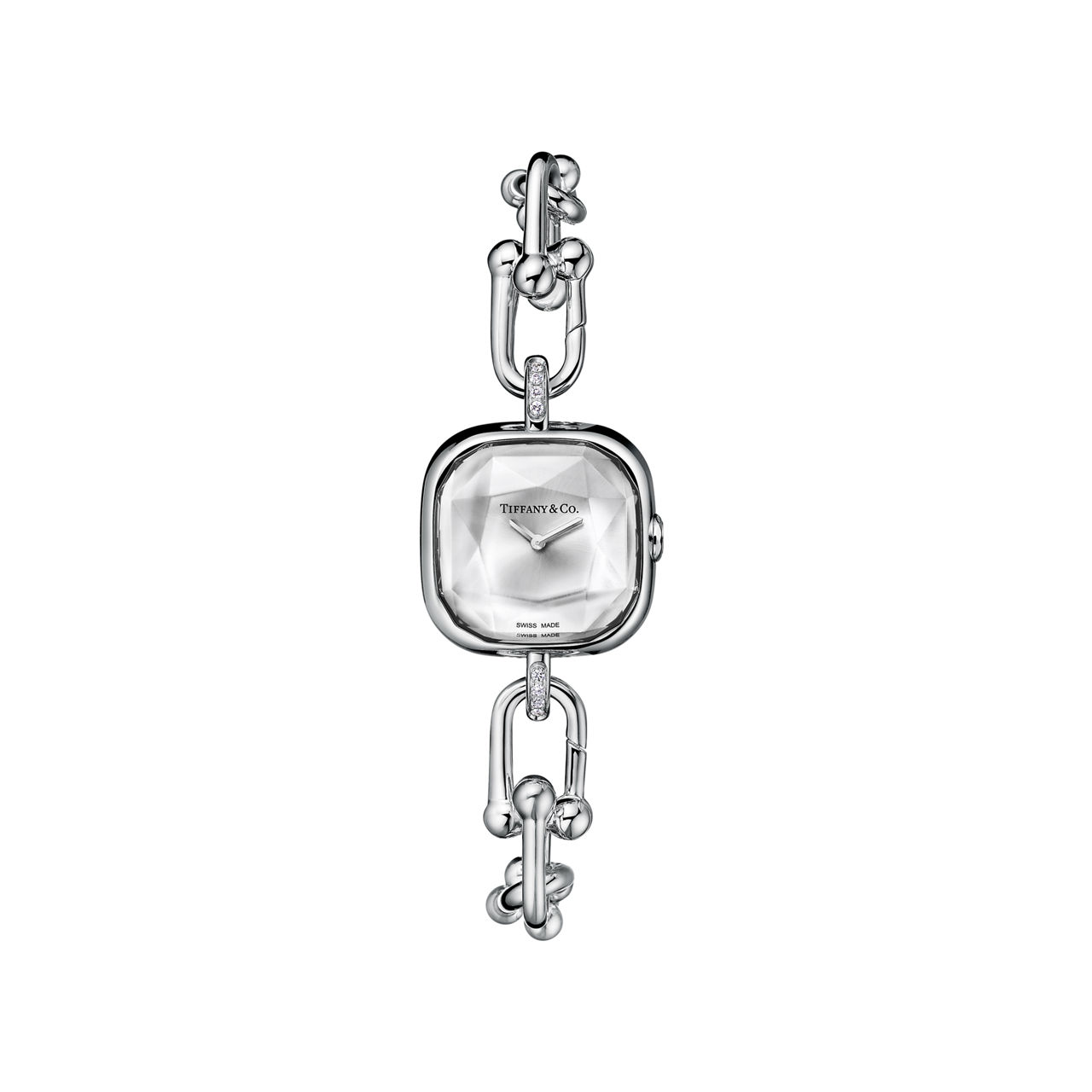 Reloj en plata de ley y acero con diamantes