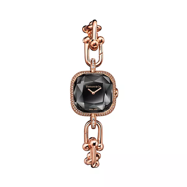 Watch in Rose Gold with Pav&eacute; Diamonds and Black Lacquer
