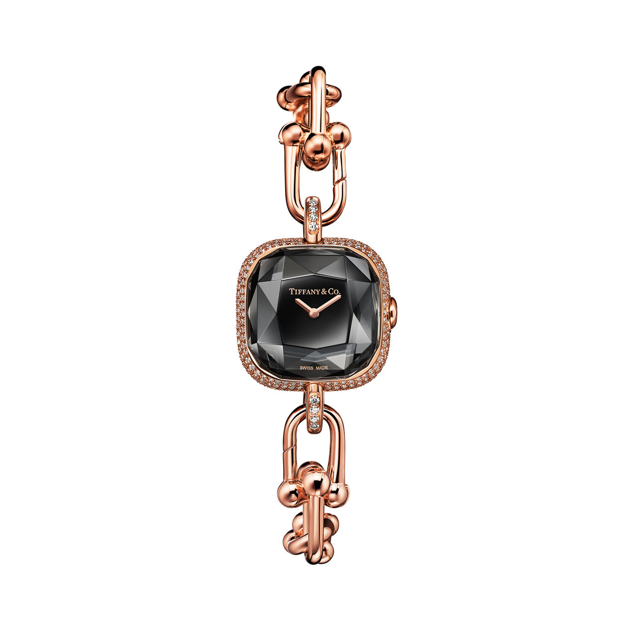 Uhr in Roségold mit Pavé-Diamanten und schwarzem Lack