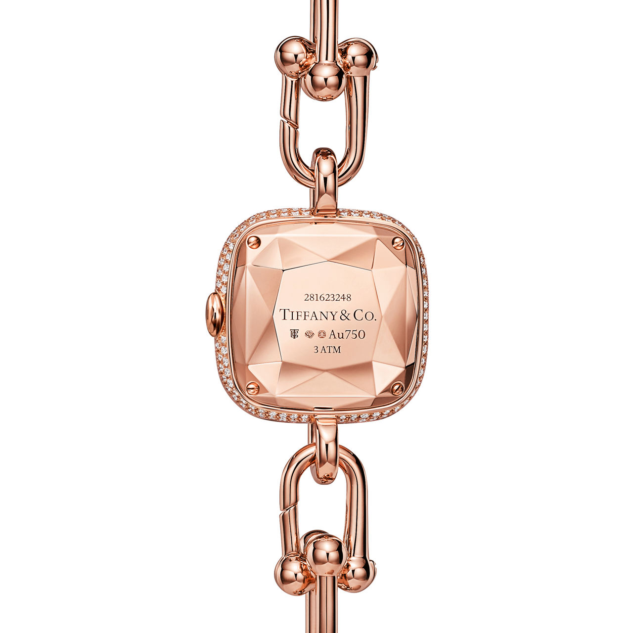 Reloj en oro rosa con diamantes en pavé y nácar blanco