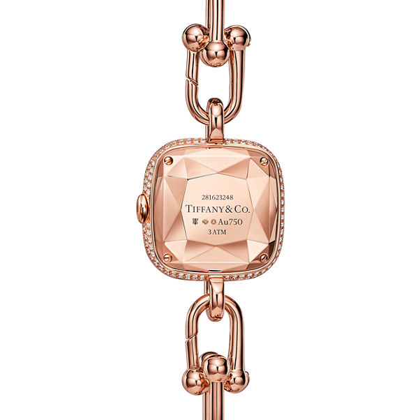 Tiffany HardWear:Watch in Rose Gold with Pavé Diamonds and White Mother-of-pearl