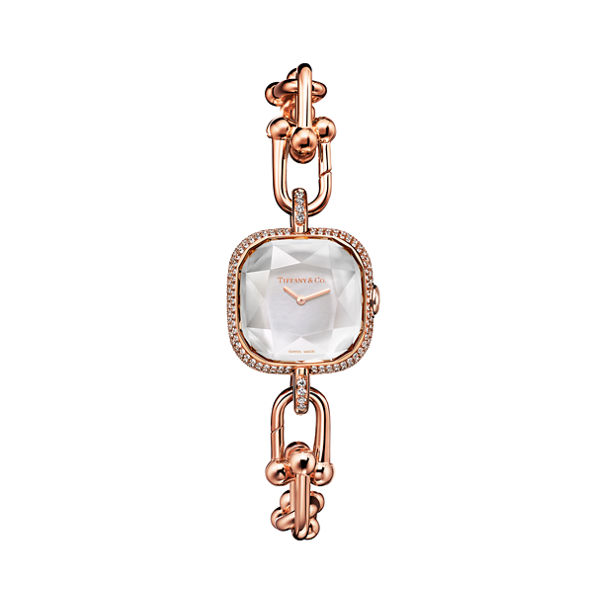 Tiffany HardWear:Watch in Rose Gold with Pavé Diamonds and White Mother-of-pearl