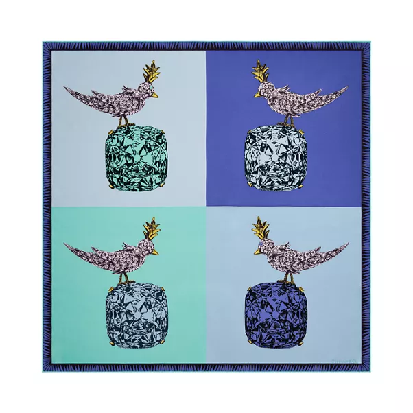 Foulard carré Bird on a Rock en soie bleu infini