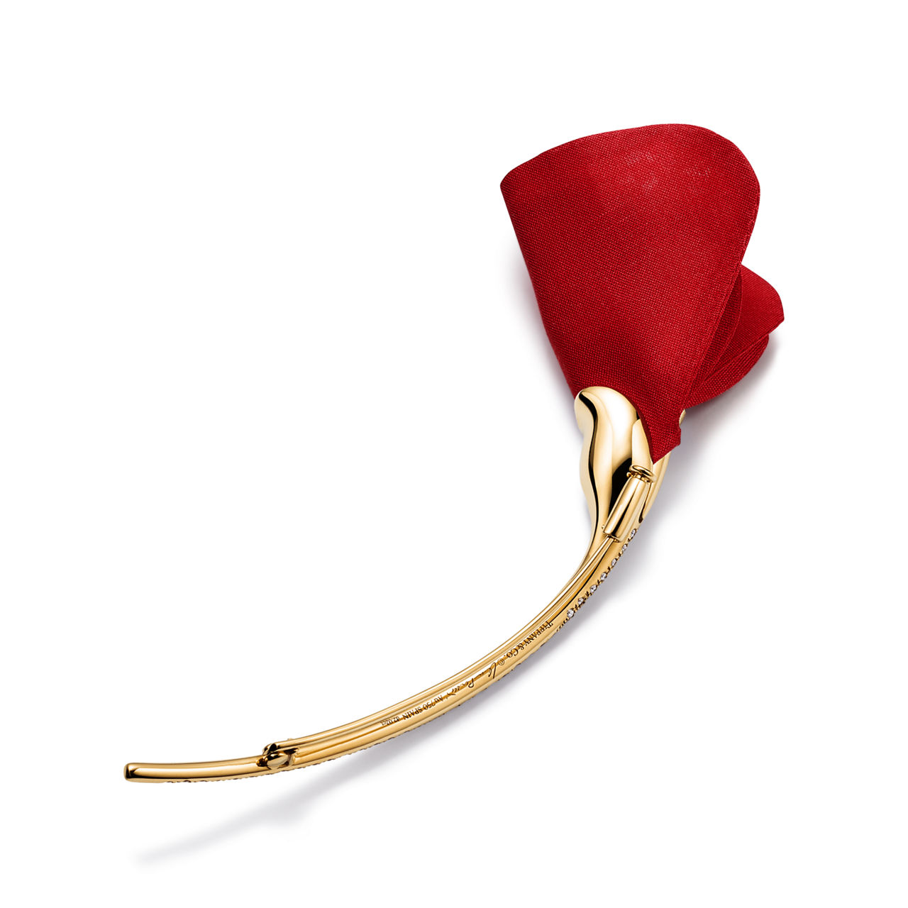 Elsa Peretti®:Amapola Brooch in Yellow Gold with Diamonds and Red Silk image number 2