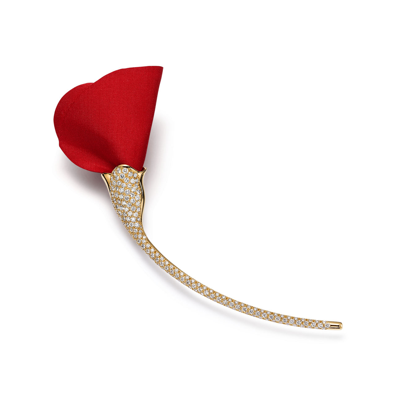 Amapola Brooch in Yellow Gold with Diamonds and Red Silk