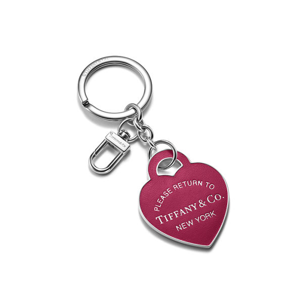 Return to Tiffany™:Leather Inlaid Heart Tag Keyring in Palladium-plated Brass