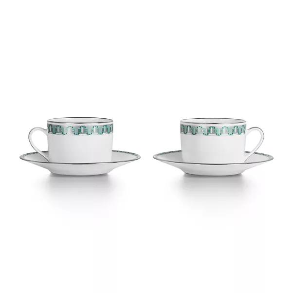 Taza y plato de color Tiffany Blue® con bordes de platino, juego de dos