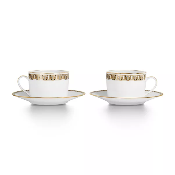 Cup and Saucer Set of Two,Black with Gold Rims