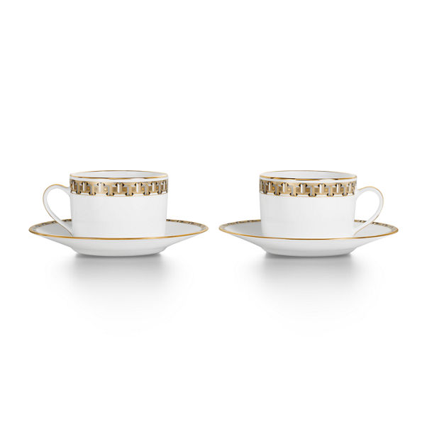 Tiffany T True:Cup and Saucer Set of Two,Black with Gold Rims