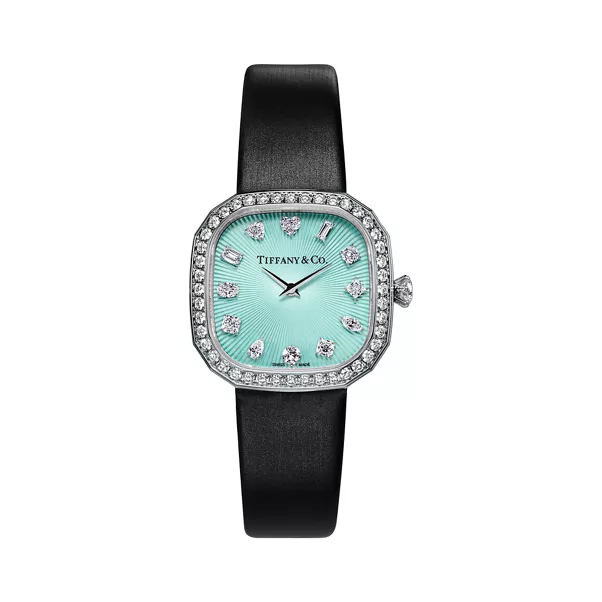 Cushionförmige Uhr 28 mm in Weißgold mit Diamanten