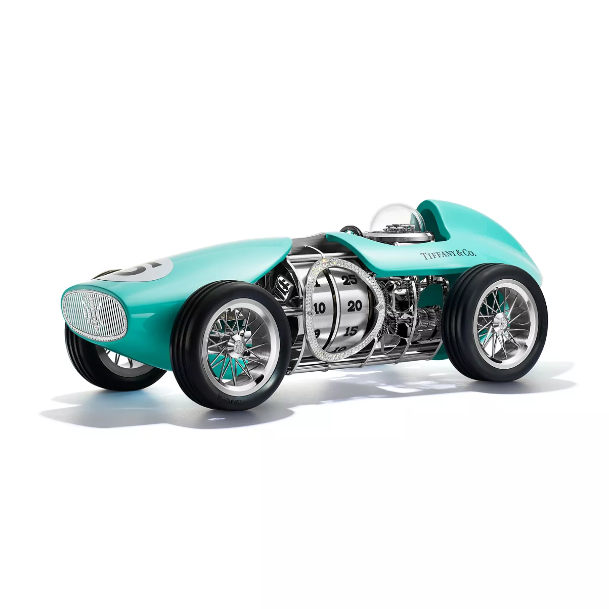 Race Car Clock in Aluminum with Tiffany Blue&reg; and Pav&eacute; Diamonds