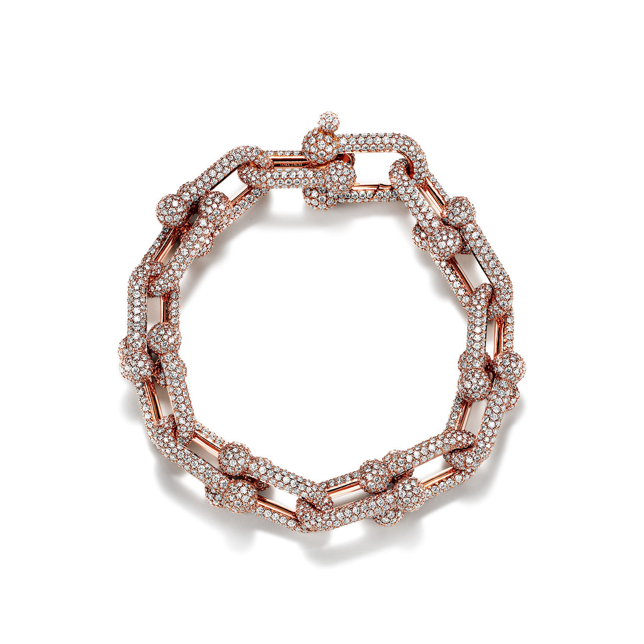 Gliederarmband, große Glieder in Roségold mit Pavé-Diamanten