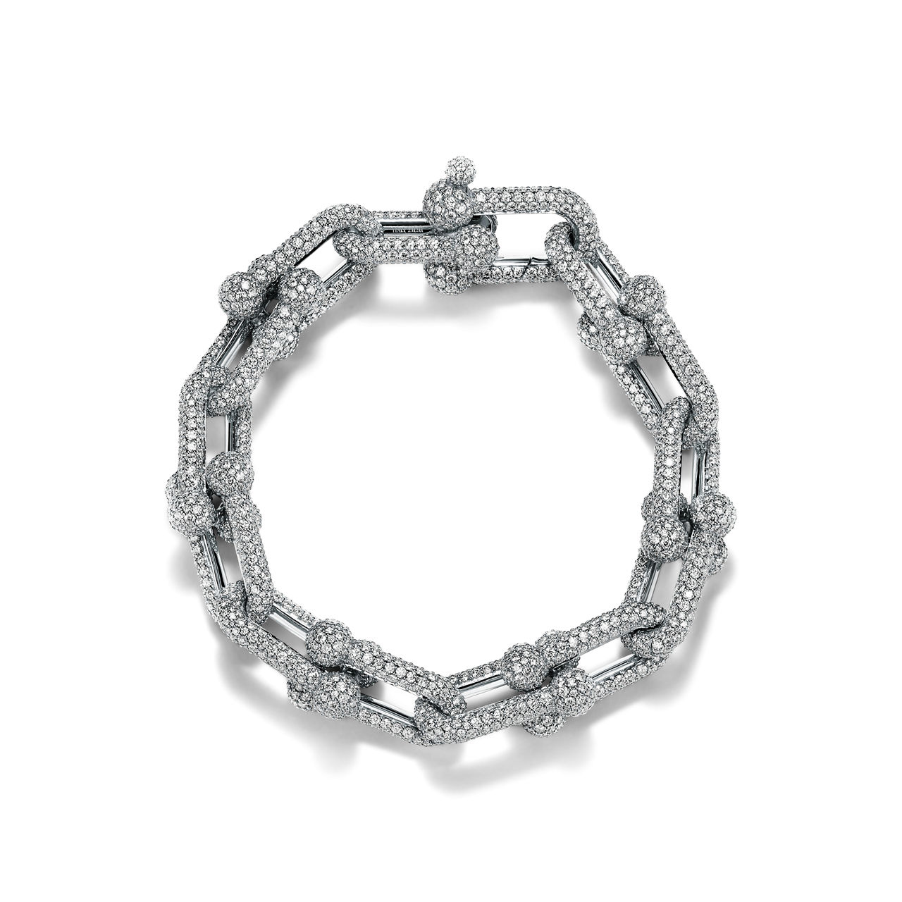 Gliederarmband, große Glieder in Weißgold mit Pavé-Diamanten