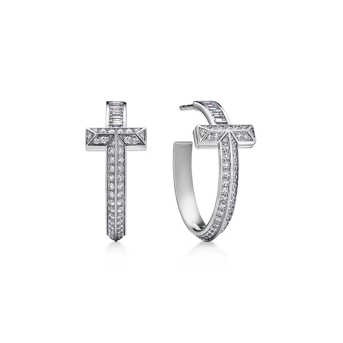 T1 Earrings in White Gold with Baguette and Pav&eacute; Diamonds