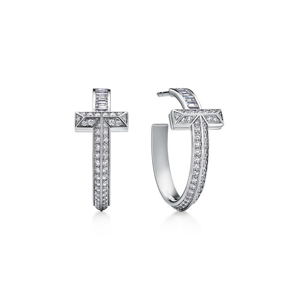 Tiffany T:T1 Earrings in White Gold with Baguette and Pavé Diamonds