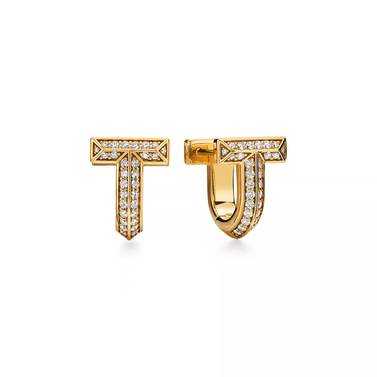 T1 Half Pav&eacute; Diamond Huggie Earrings in Yellow Gold