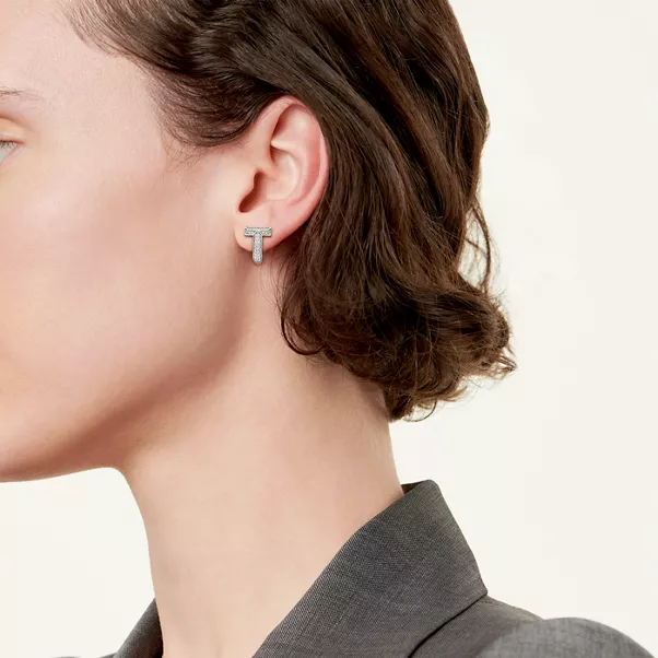 T1 Half Pavé Diamond Huggie Earrings in White Gold