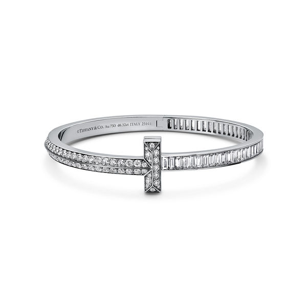 Tiffany T:T1 Bangle in White Gold with Baguette and Pavé Diamonds