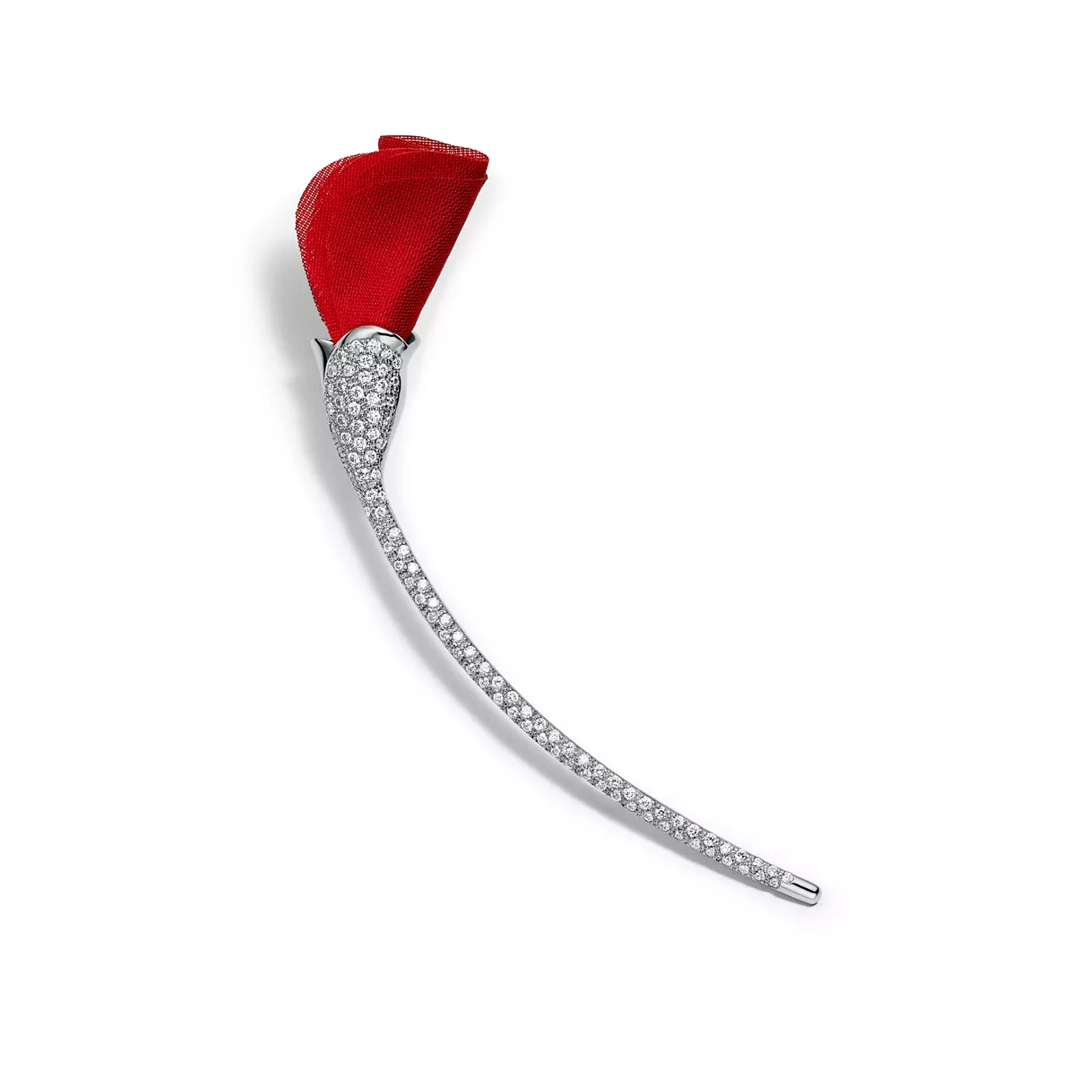 Amapola Brooch in Platinum with Diamonds and Red Silk