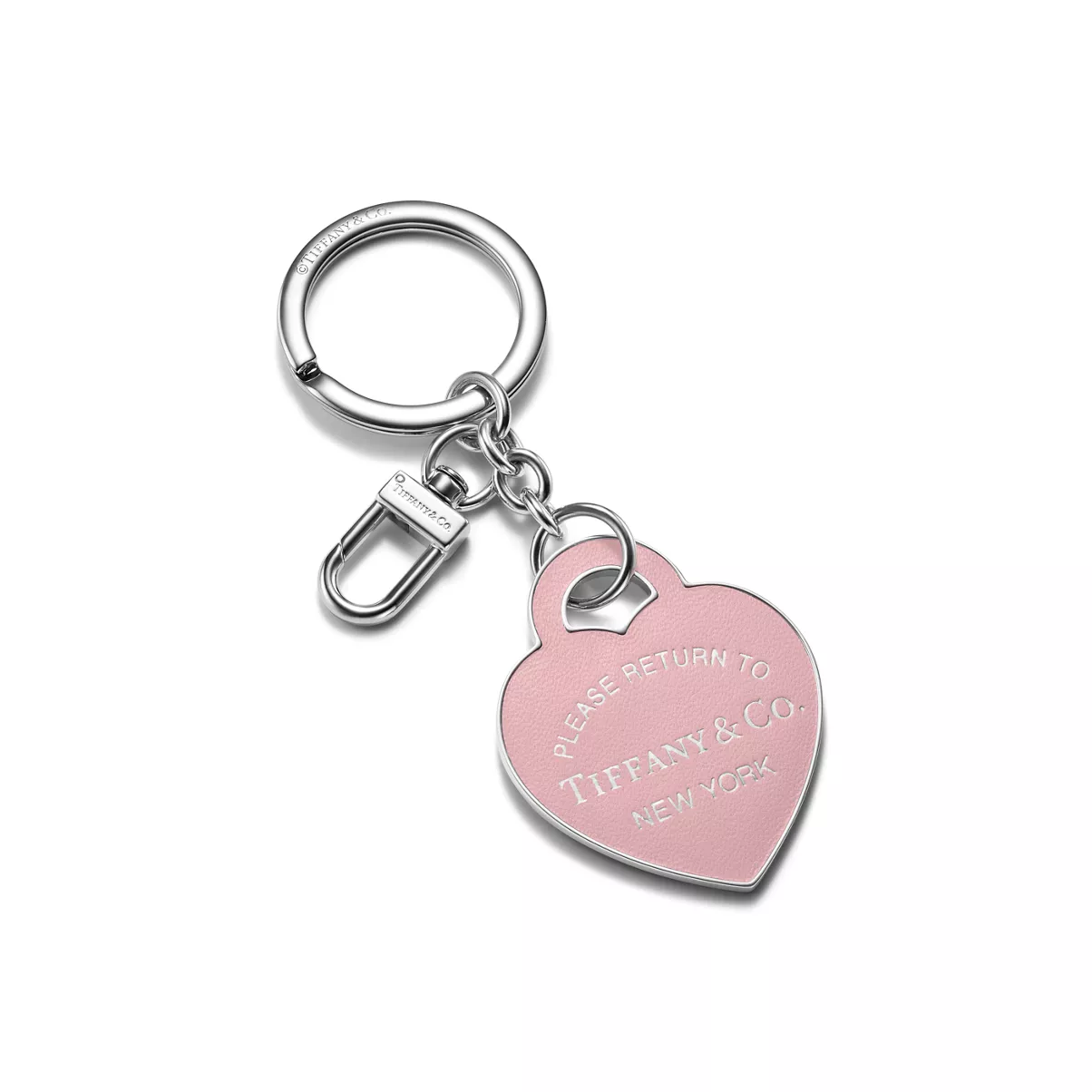 Leather Inlaid Heart Tag Key Ring in Palladium-plated Brass