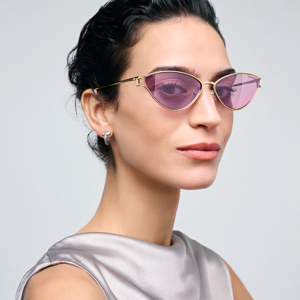 Tiffany T:Sonnenbrille aus blassgoldfarbenem Metall mit verspiegelten violetten Gläsern