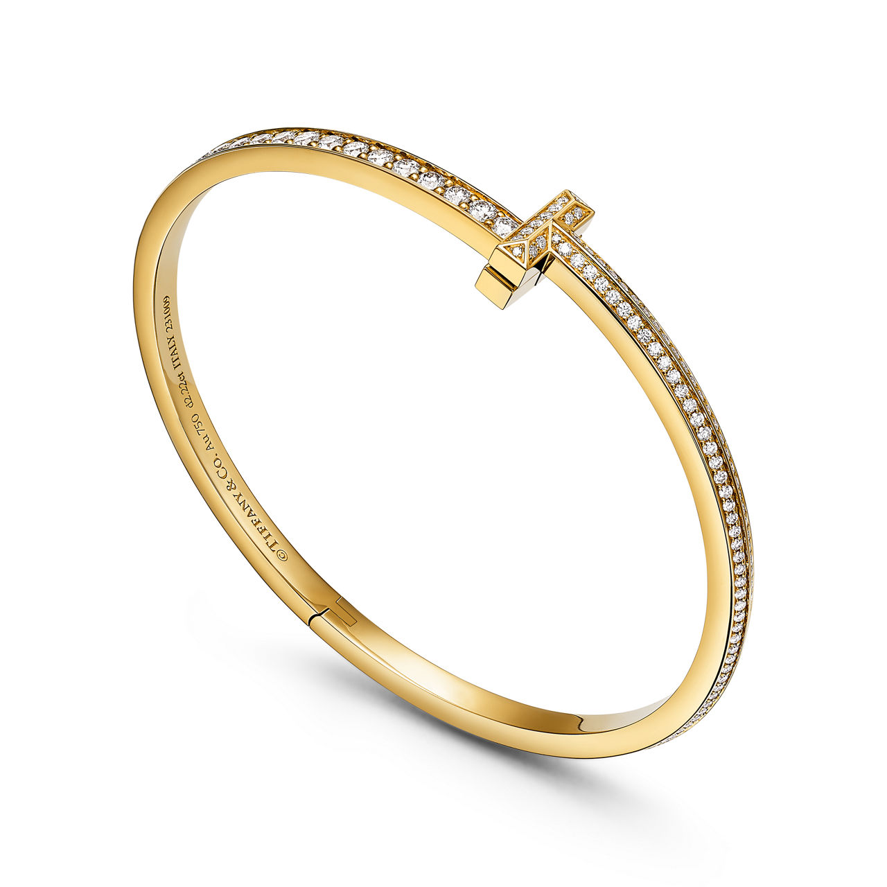 Tiffany T:Bracelet jonc étroit à charnière T1 serti de diamants en pavé en or jaune 18 carats numéro dimage {1}