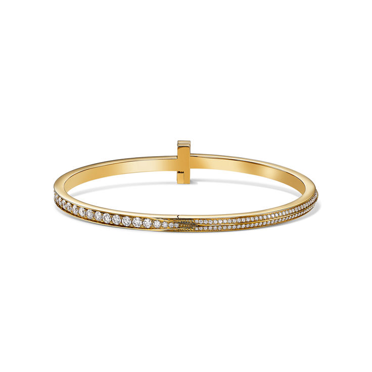 Tiffany T:Bracelet jonc étroit à charnière T1 serti de diamants en pavé en or jaune 18 carats numéro dimage {1}