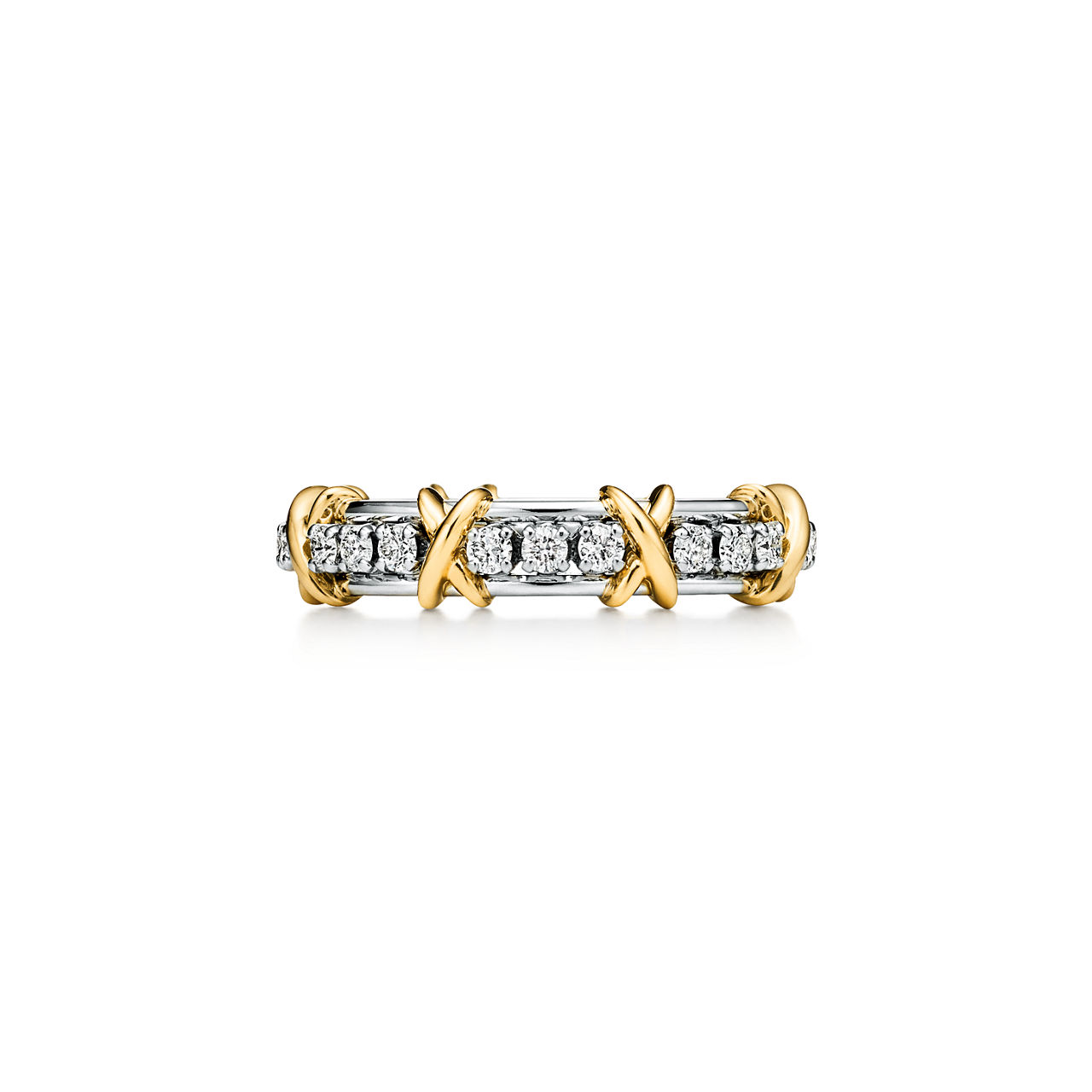 Schmaler Ring in Platin und Gelbgold mit Diamanten