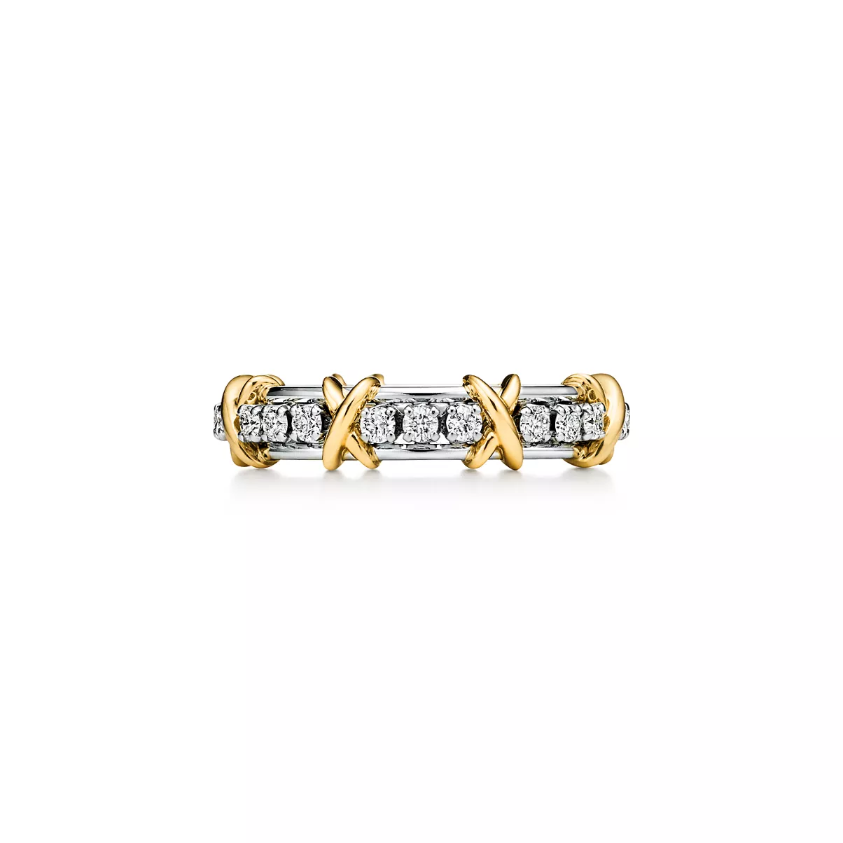 Schmaler Ring in Platin und Gelbgold mit Diamanten