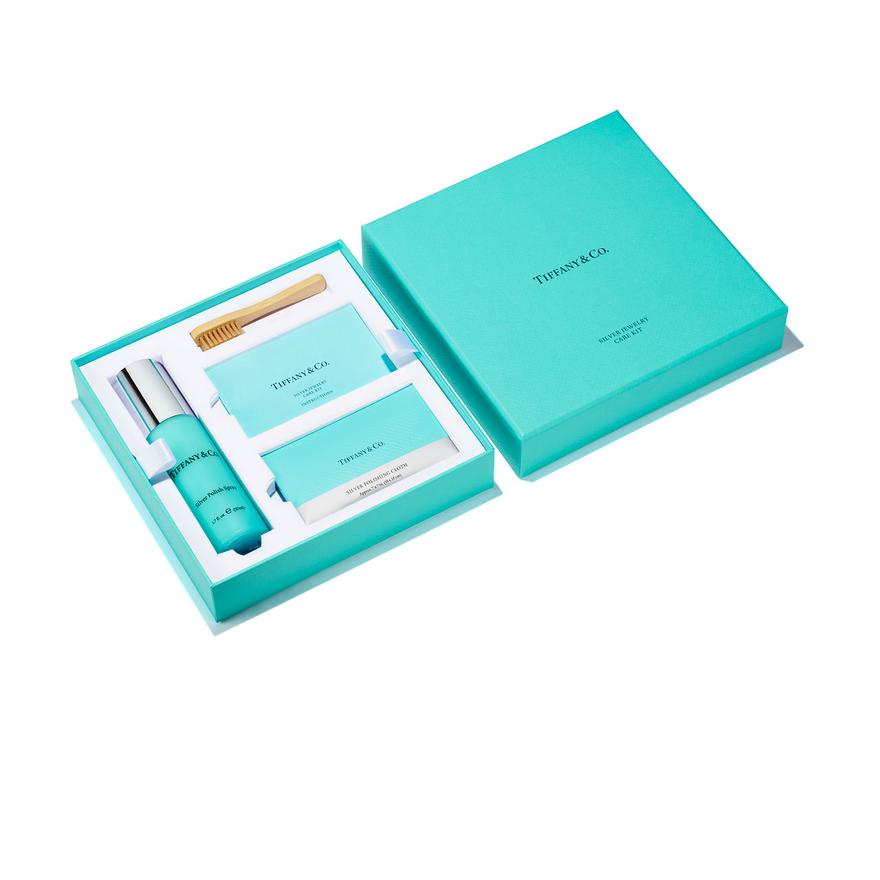 Tiffany:Silver Jewellery Care Kit with Polish Spray, Polishing Cloth and a Brush image number 0