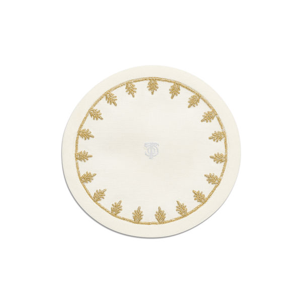 Tiffany Crest:Coaster in Embroidered White Linen